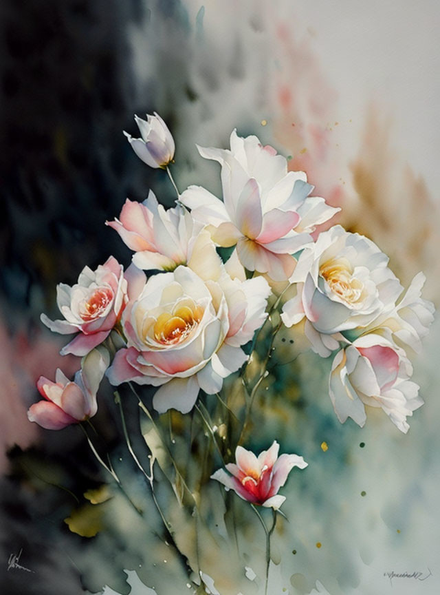 Delicate Roses Watercolor Painting in Soft Whites and Pinks