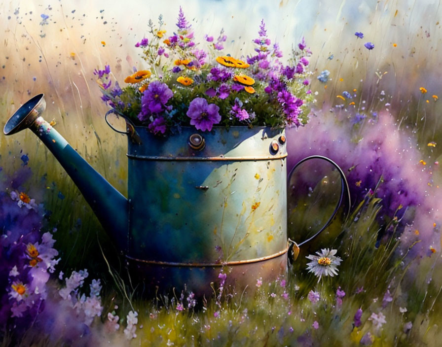 Vintage Blue Watering Can Surrounded by Vibrant Flowers in Colorful Meadow