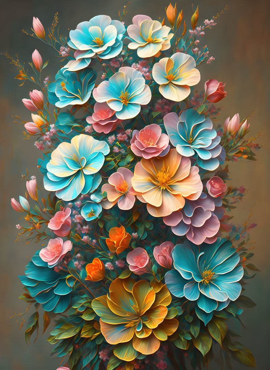 Colorful Floral Illustration in Blue, Orange, and Yellow on Soft Background