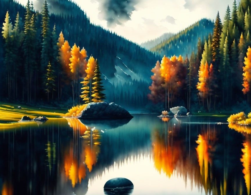 Tranquil autumn landscape with reflective lake and golden trees