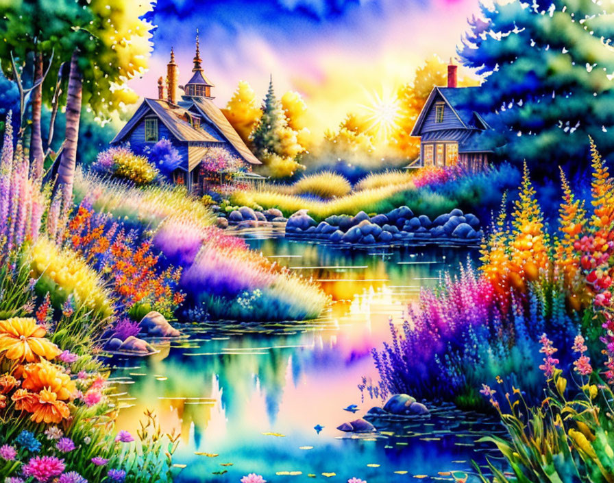 Colorful Lakeside Scene with Sunset Sky & Cottages