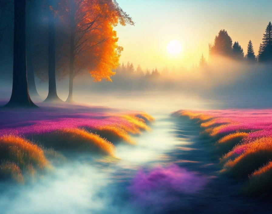 Misty Path through Purple Grass with Golden Trees at Sunrise