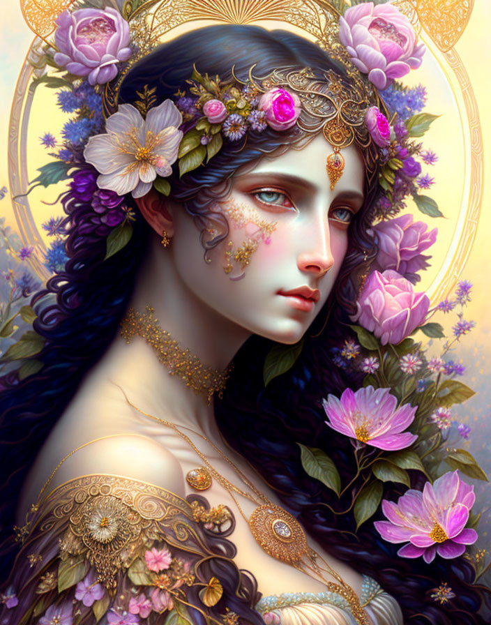 Ethereal woman with floral and golden jewelry, emanating mystical elegance.