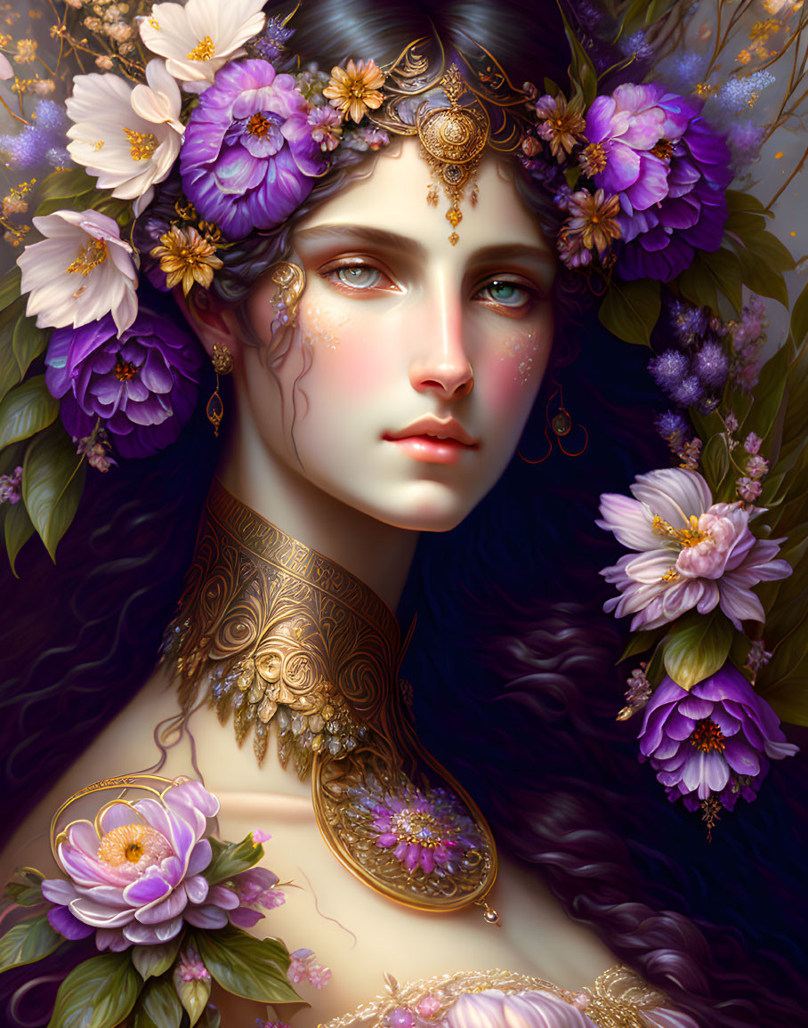 Illustrated woman with purple flowers and gold jewelry exudes mystical aura