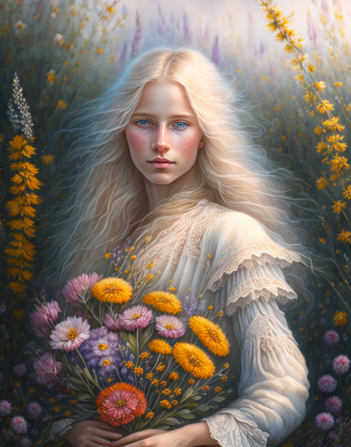 Portrait of person with long blonde hair, blue eyes, holding flowers in dreamy wildflower field