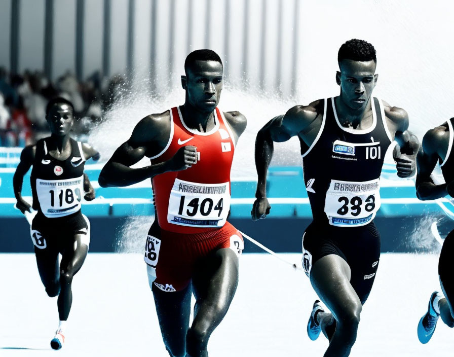 Three sprinters in focused race competition