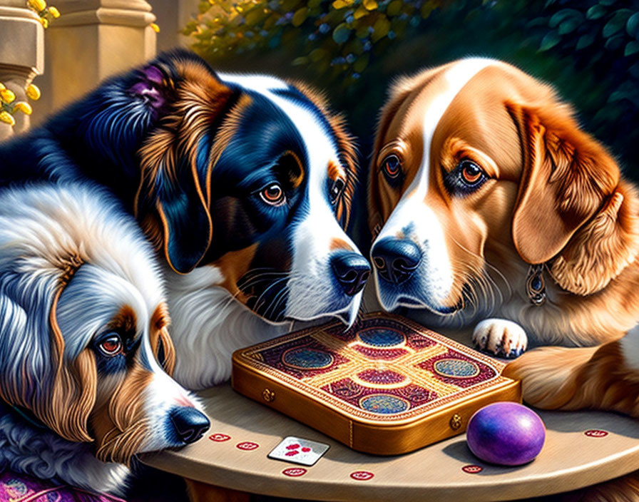 Three dogs with playing card box and fruit on small table