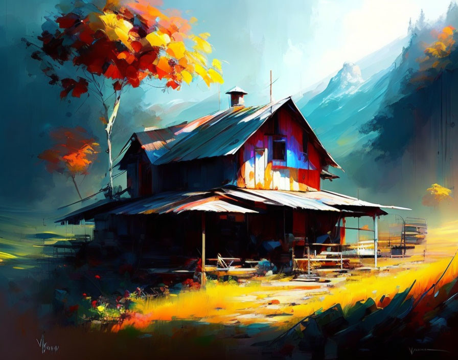 Rustic cabin in autumn setting with misty mountains