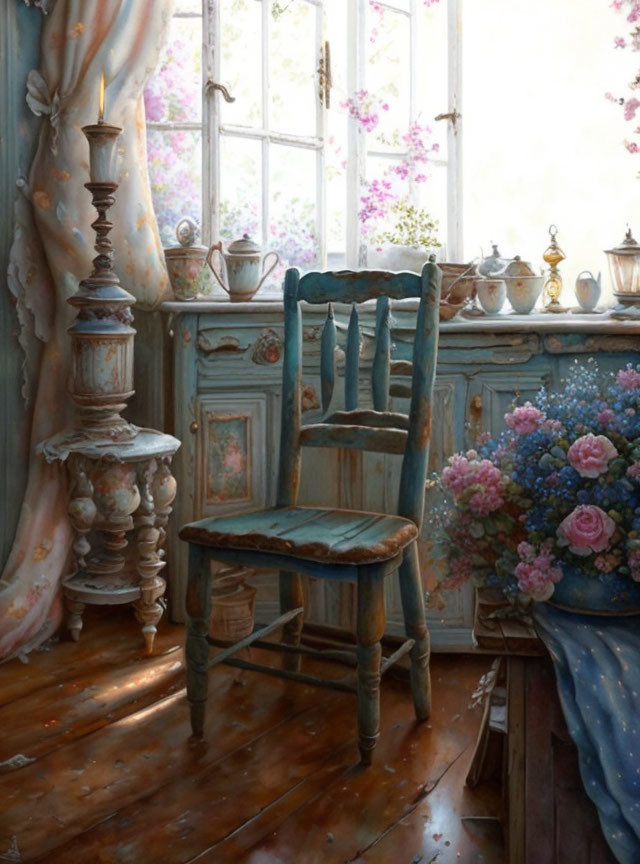 Rustic chair, wooden floor, flower bouquets, vintage candlestick in quaint room