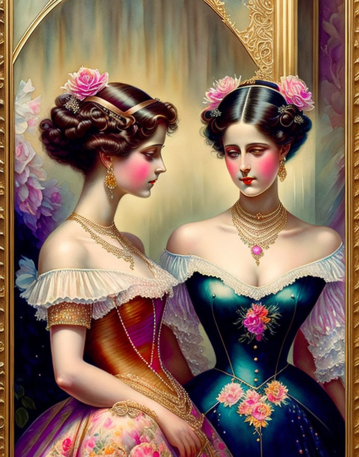 Victorian women in elegant attire pose near mirror with reflective gaze