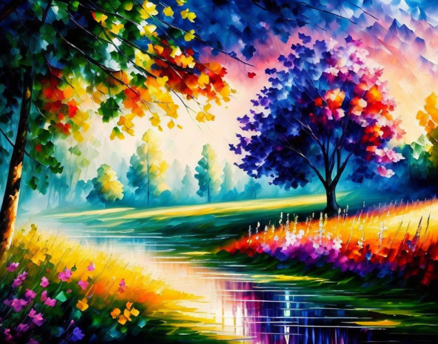 Colorful landscape painting with trees, river, and flowers