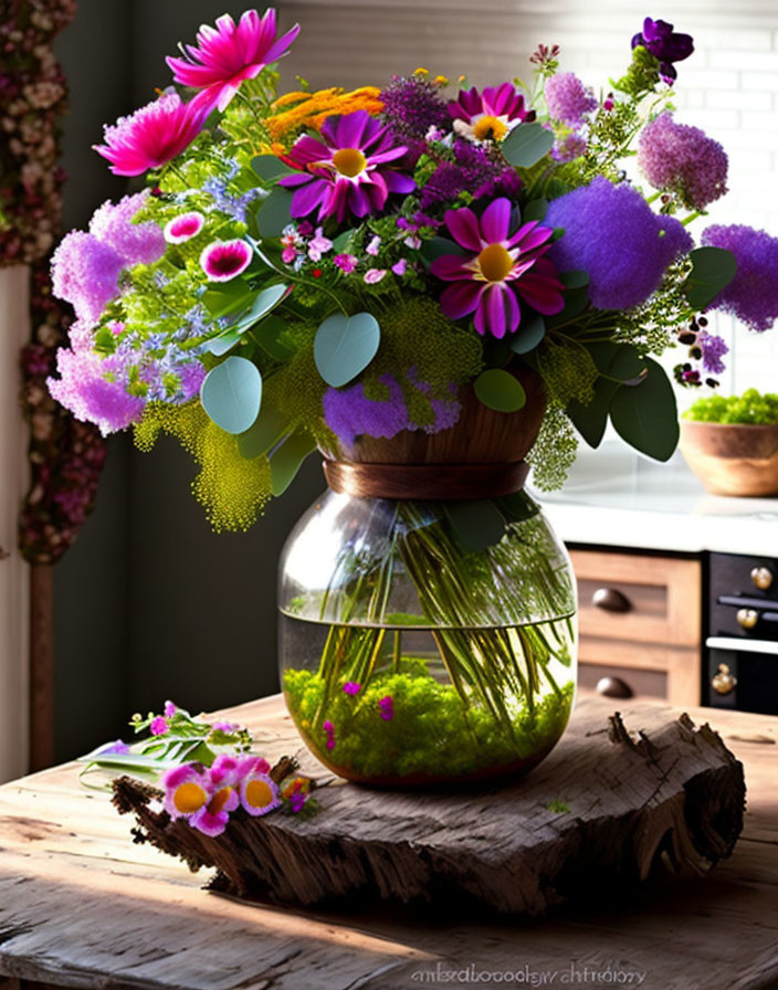 Pink and Purple Flowers in Clear Vase on Wooden Slab by Sunlit Window