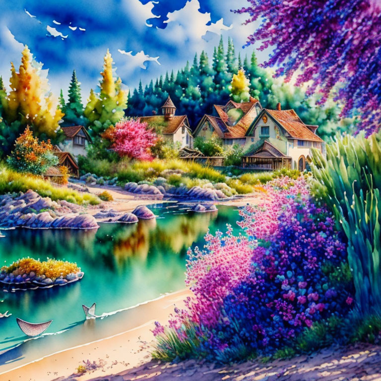 Colorful painting of serene countryside with cottages, river, boat, and dynamic skies