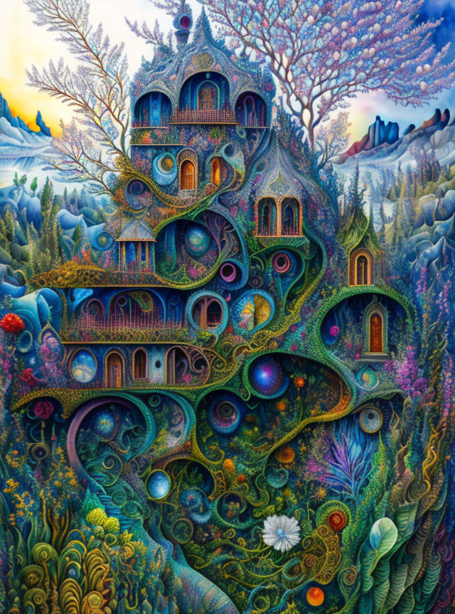 Colorful painting of a whimsical treehouse in a lush, mystical setting