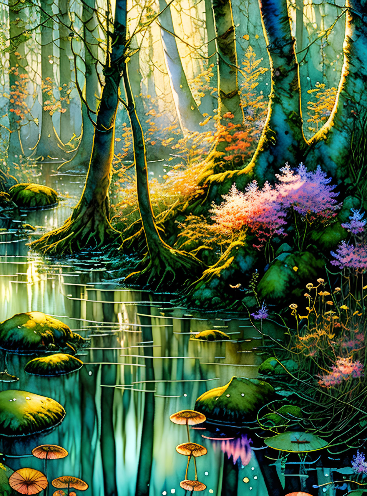 Tranquil forest scene with sunbeams, colorful flora, and reflective water