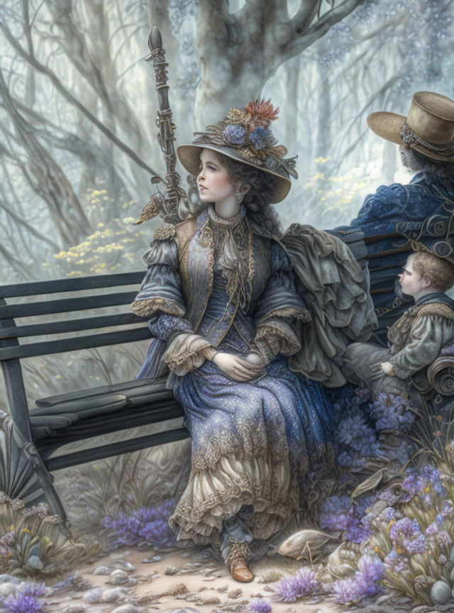 Victorian woman on bench in misty woods with child and man's hat