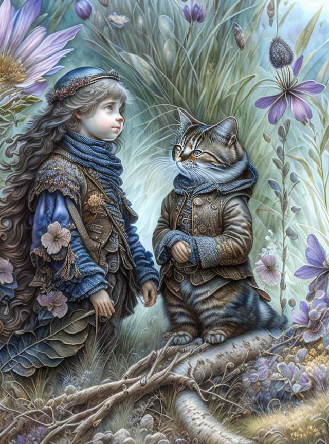 Whimsical illustration of young girl and cat in vintage clothing among flowers