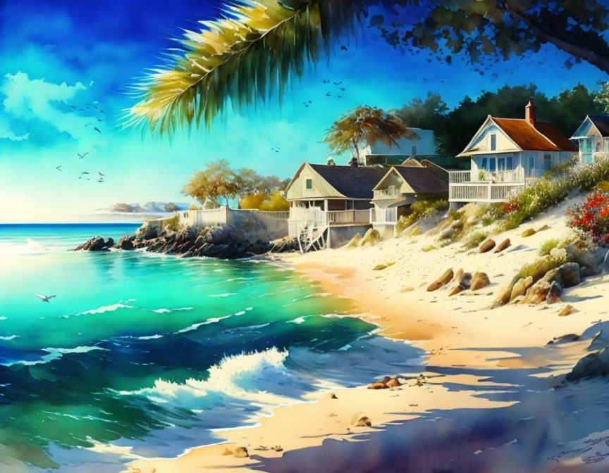 Seaside houses, palm trees, turquoise waters, sandy shore in beach scene