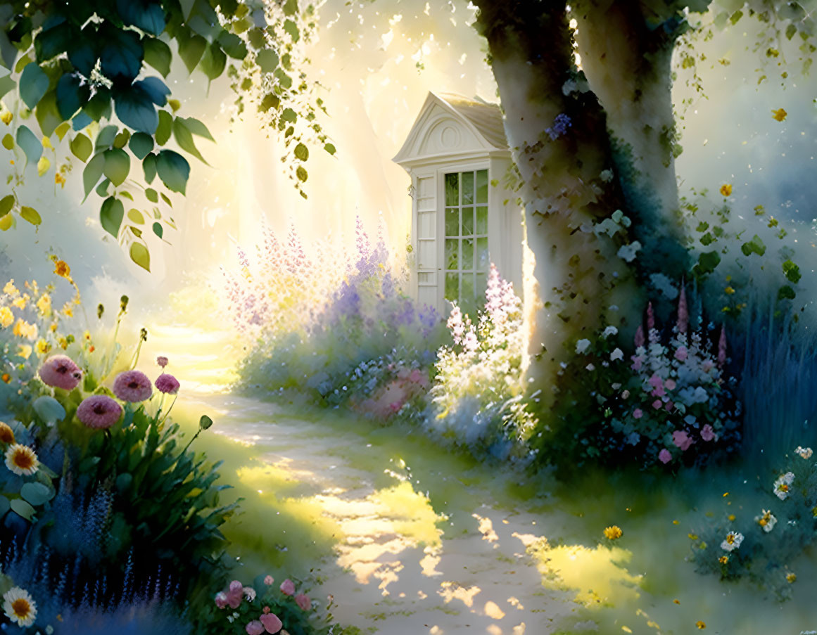 Enchanting garden scene with white door in tree trunk amid colorful flowers