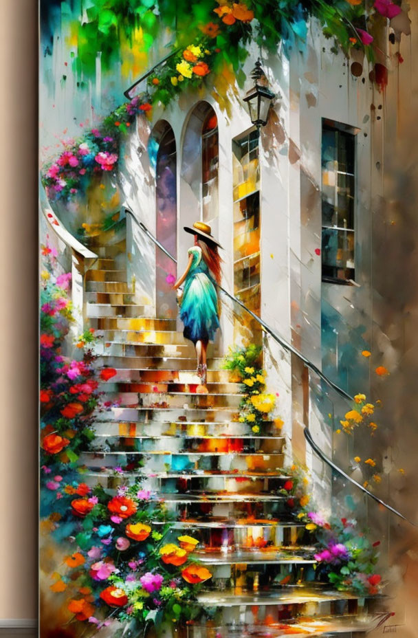 Vibrant painting of woman on flower-lined staircase