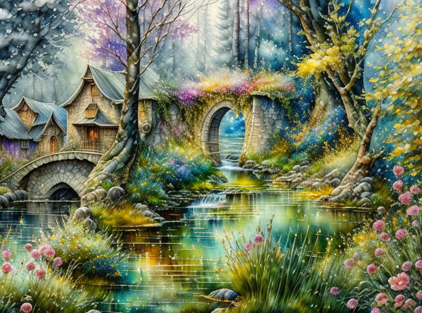 Fantasy landscape with stone bridge, cottages, colorful trees, and falling snow