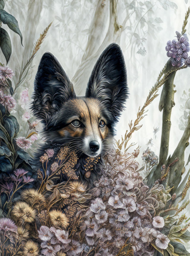 Realistic Fox Painting with Detailed Ears and Floral Background