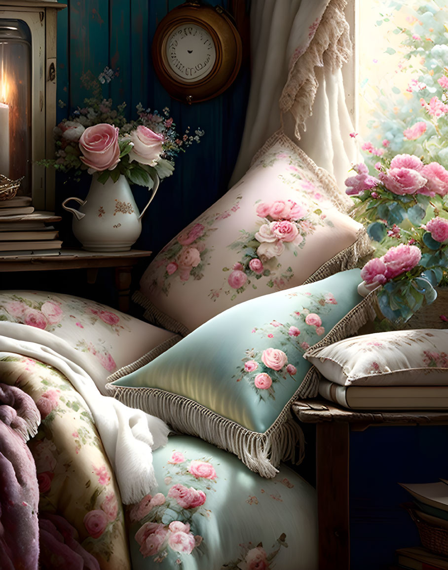 Vintage-themed interior corner with floral cushions, roses, books, and a wall clock