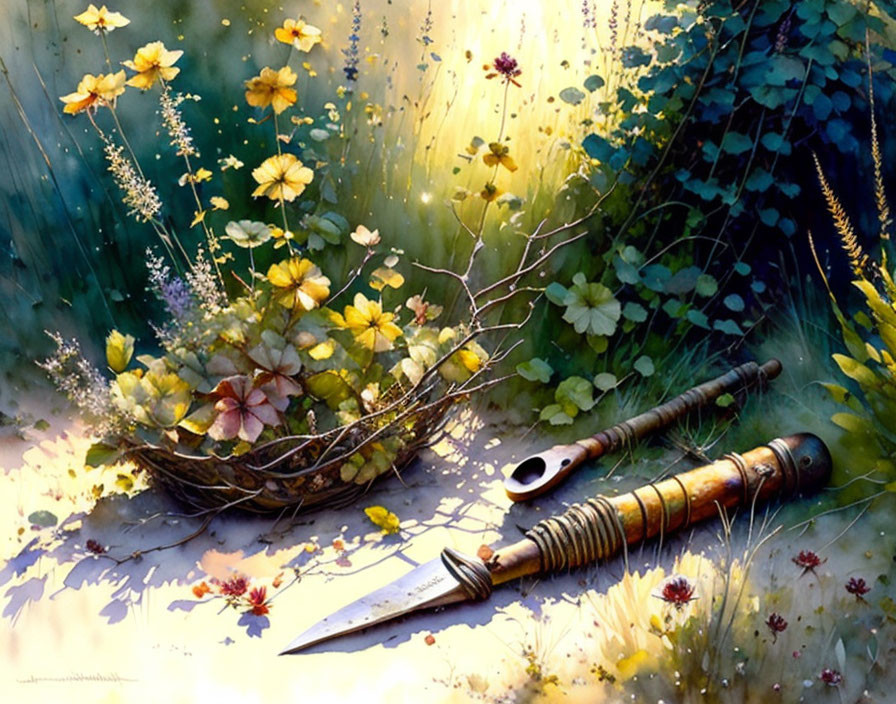 Digital painting: Hunting knife, flute, wildflowers, foliage, sunlight.