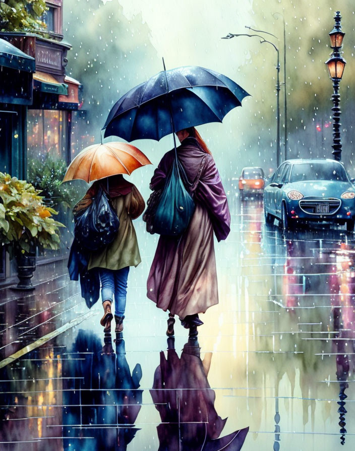 Rainy day scene: Two people with umbrellas on wet street with colorful reflections, cars, and