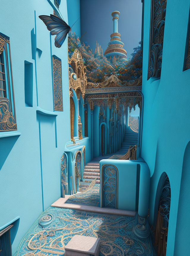 Surreal blue hallway with ornate arches, intricate patterns, and floating elements