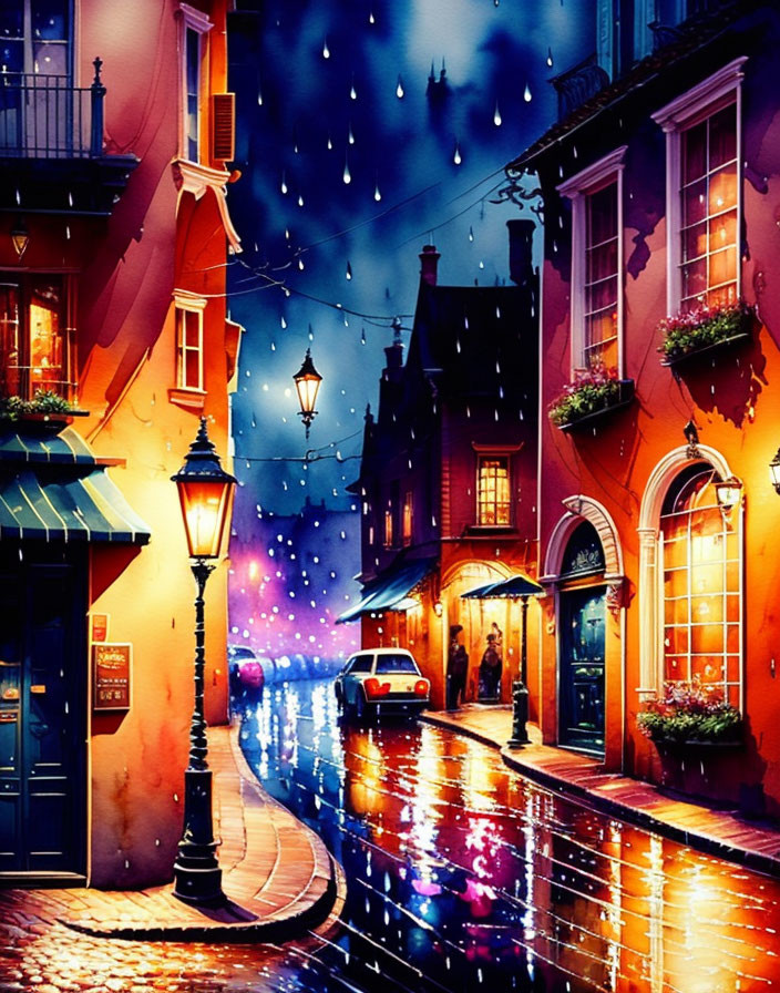 Night scene of rain-soaked cobblestone street with shop fronts, classic car, and couple under