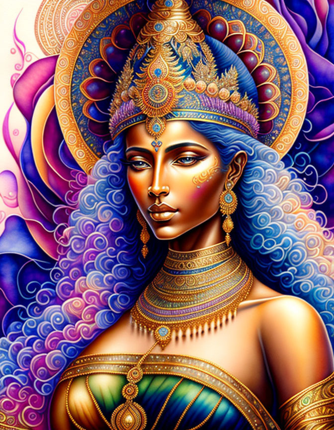 Colorful Illustration of Blue-Skinned Female Figure with Golden Jewelry