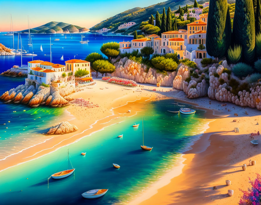 Coastal scene: blue waters, moored boats, sandy beach, Mediterranean buildings, greenery