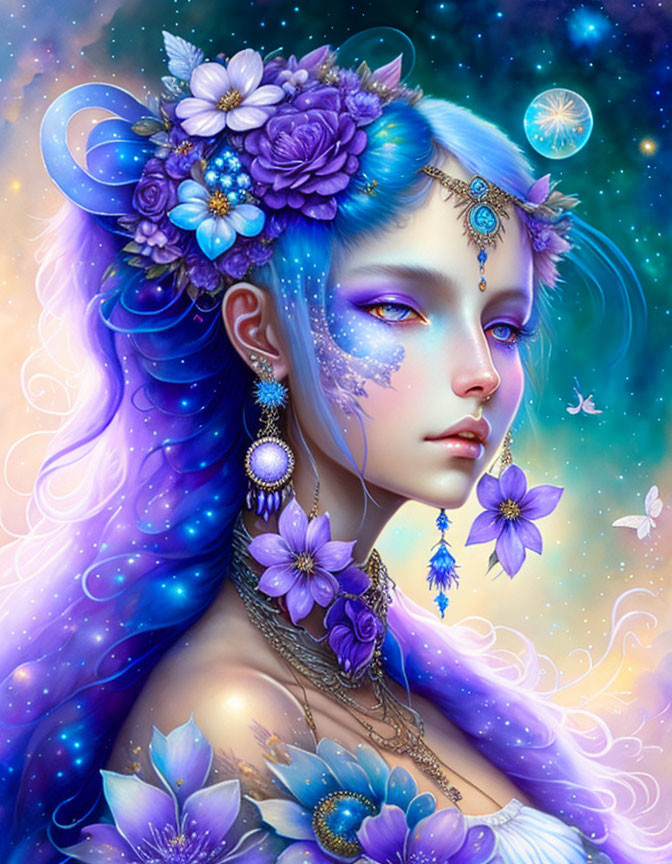 Fantasy illustration of a woman with blue-violet skin and starry effect.