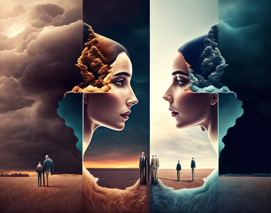 Digital Artwork: Woman's Profiles Blend into Surreal Landscapes