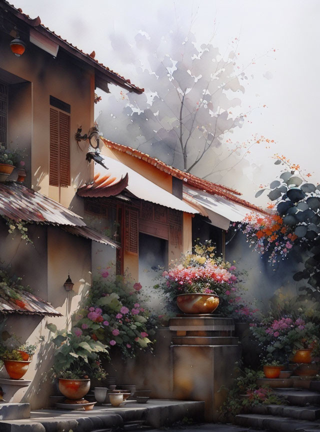 Traditional House with Terracotta Tiles and Blooming Flowers in Misty Setting