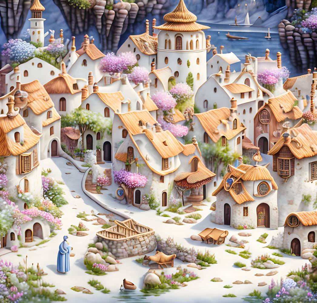 Whimsical village illustration with white houses, cobbled streets, and river