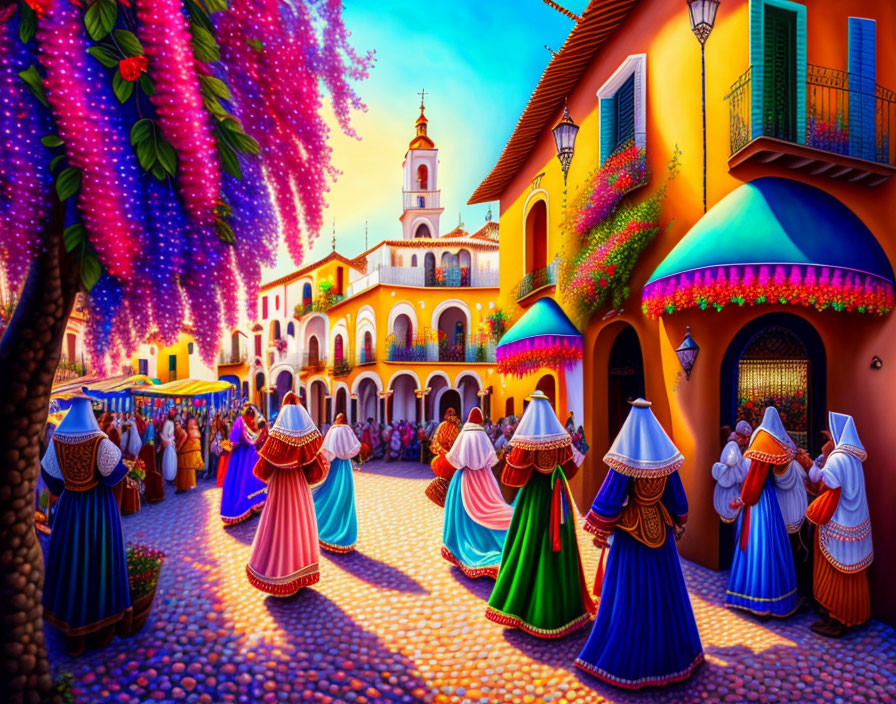 Colorful street scene with traditional dresses, vibrant buildings, and flowers depicting a cultural celebration.