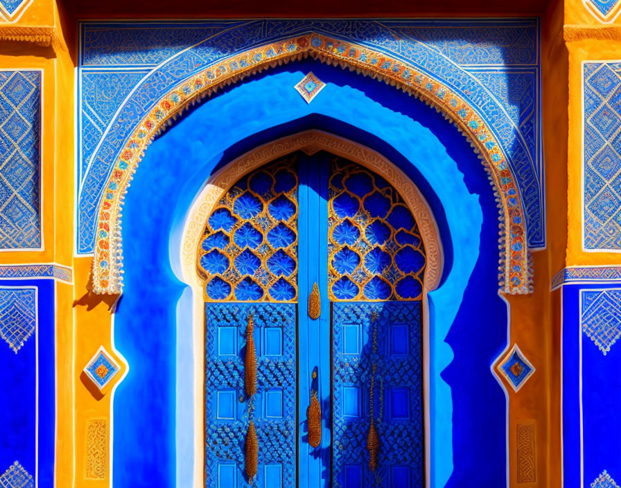 Intricate Moroccan blue and orange doorway design