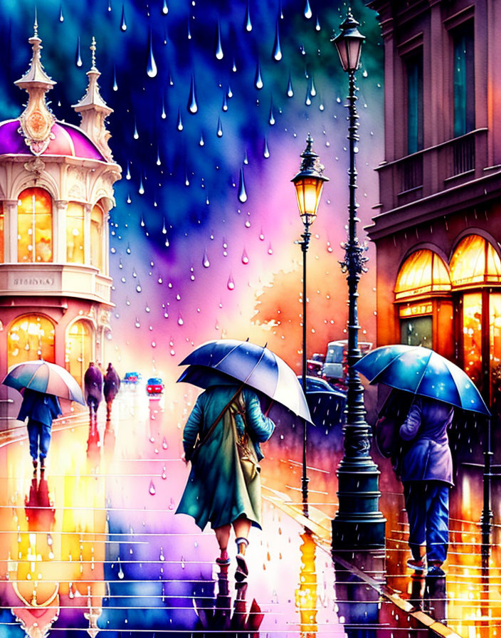 Colorful urban street scene with people and umbrellas in the rain.