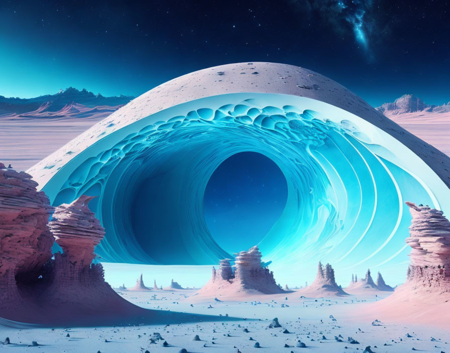 Surreal landscape with massive wave-like structure under starry sky