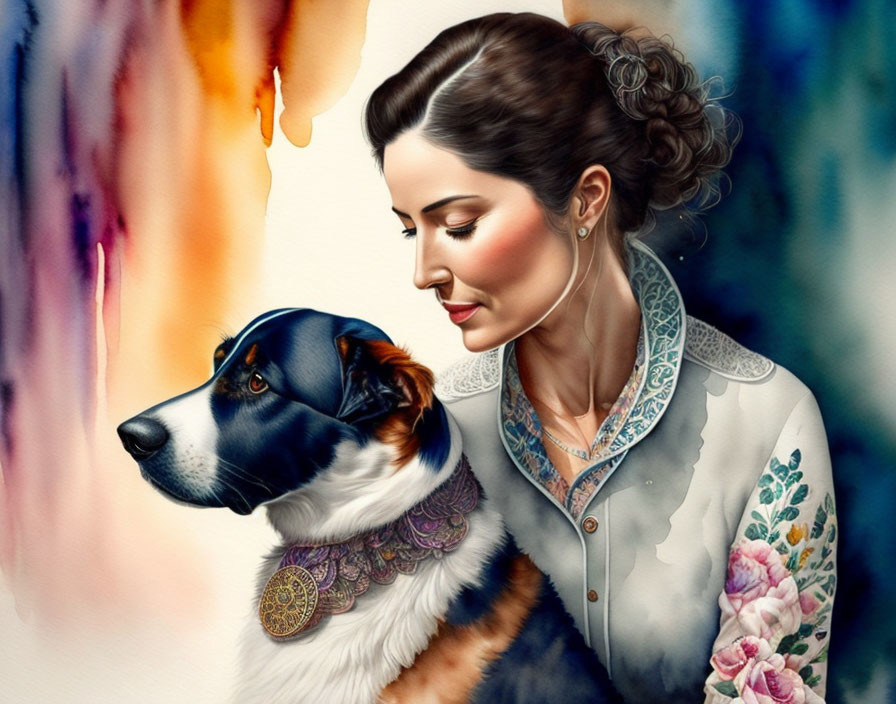 Colorful Portrait of Woman and Dog Showing Close Bond