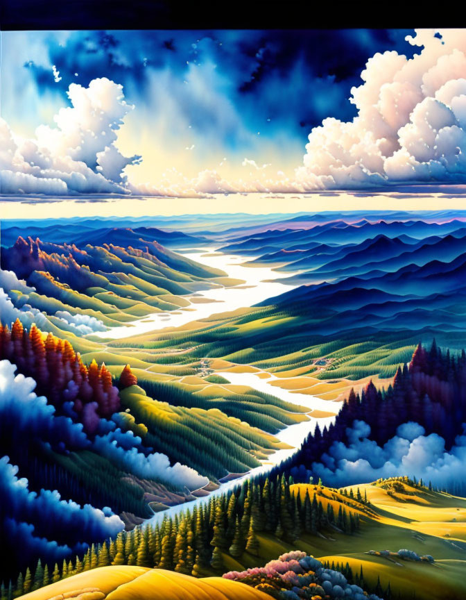 Scenic landscape painting of rolling hills, river, forests, and twilight sky