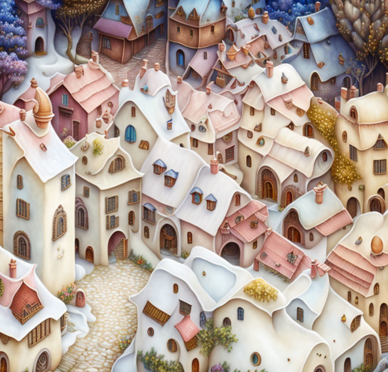 Snow-covered whimsical village with fairytale-like houses and warm lights in gentle snowfall