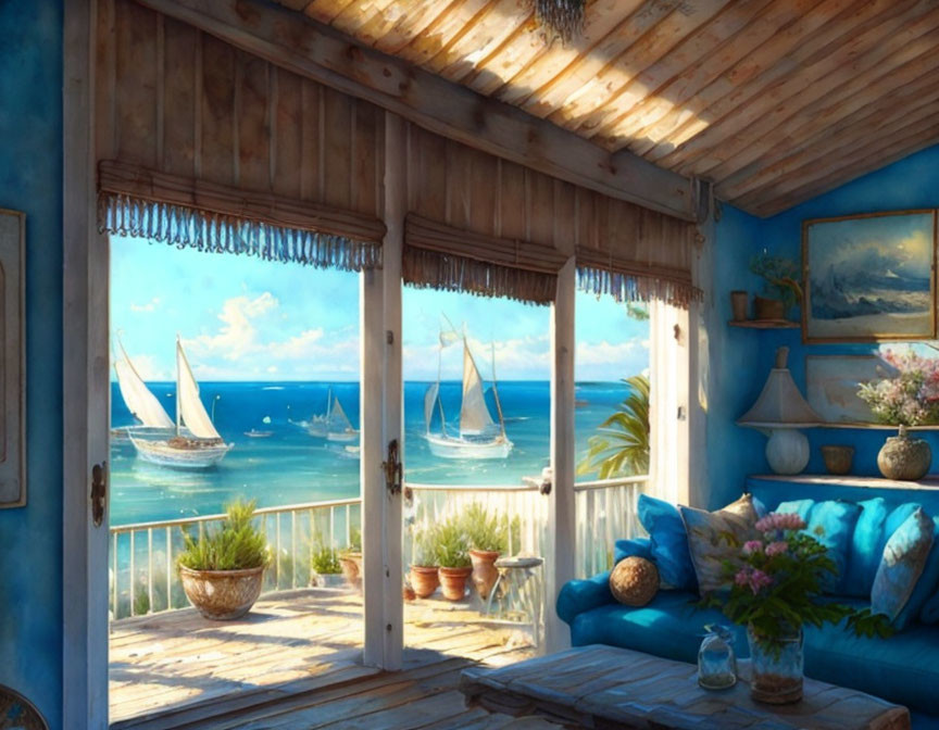 Seaside-themed room with blue decor, sailboats view, sofa, paintings, and plants.