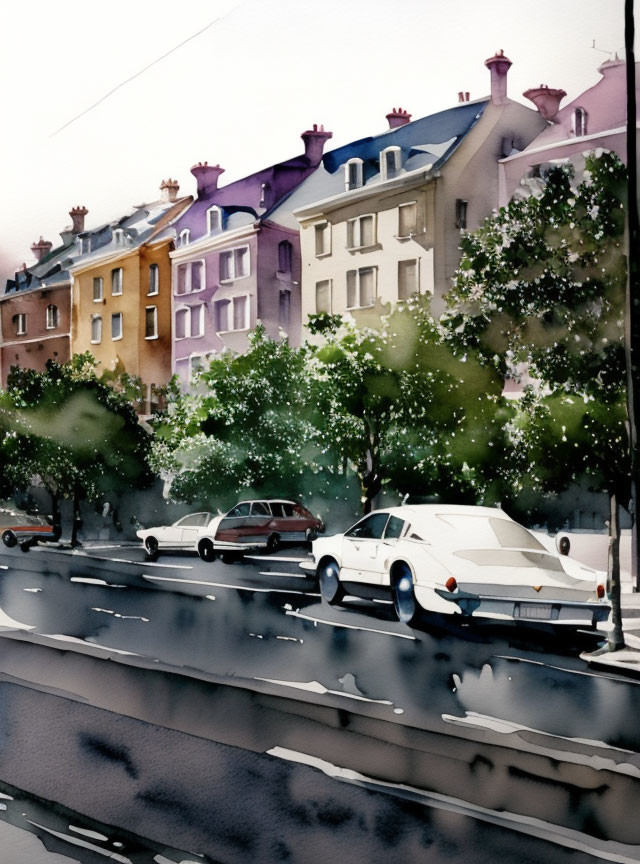 Colorful townhouses and parked cars on rain-drenched street with wet asphalt and gloomy sky.