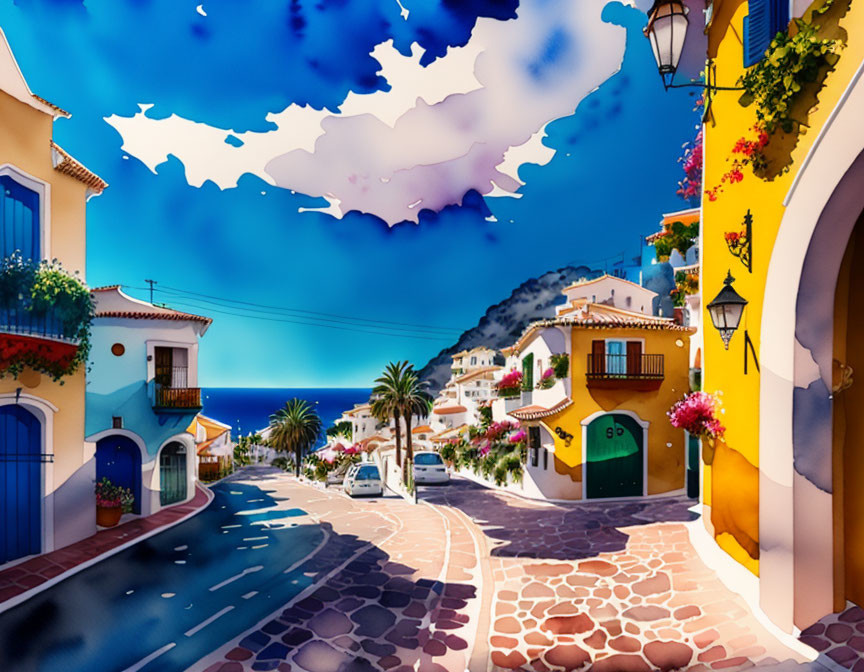 Colorful Coastal Town Street with Sea View