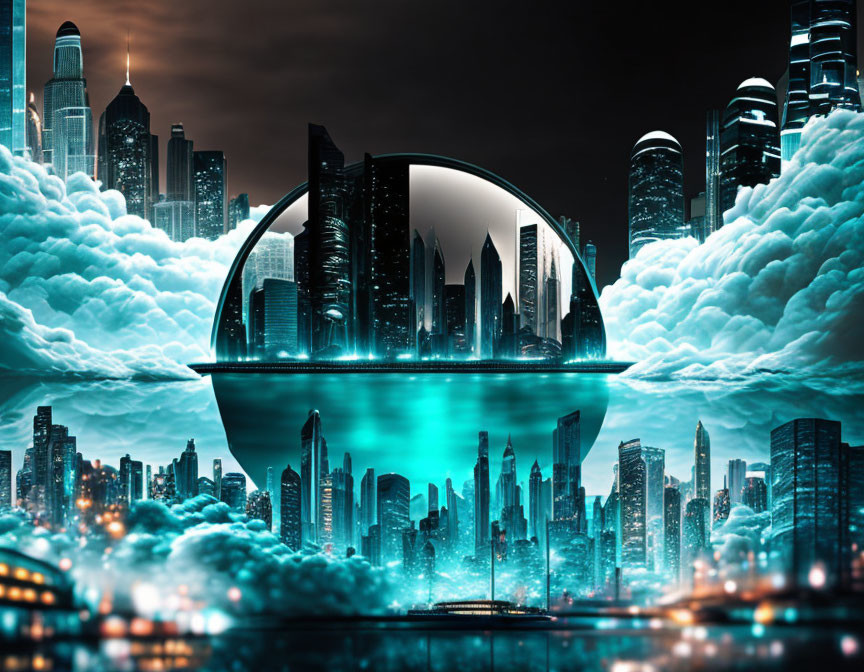 Futuristic cityscape under transparent dome mirroring city below