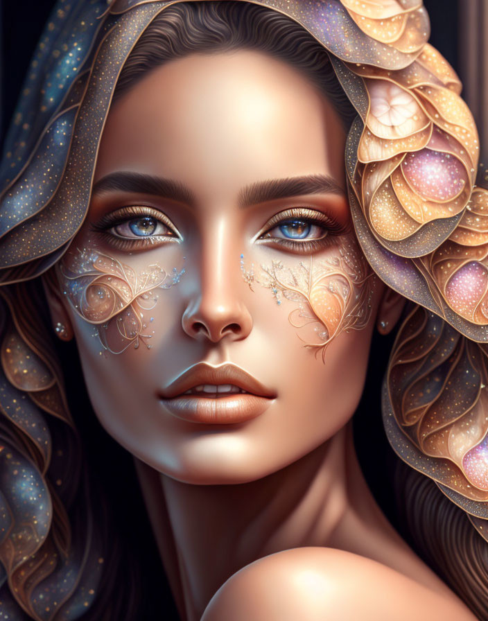 Detailed Fantasy Makeup on Woman in Digital Portrait