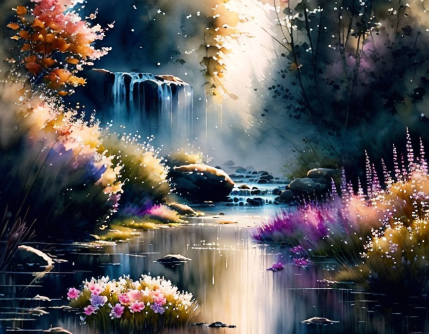 Tranquil forest waterfall scene with sunlight, flowers, and calm waters